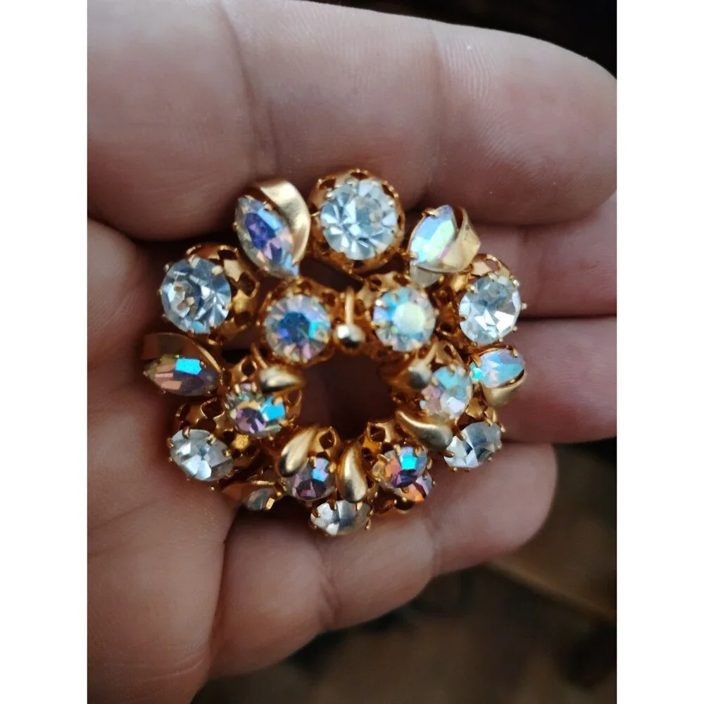 Clip on earring and Pin set Iridescent Rhinestone